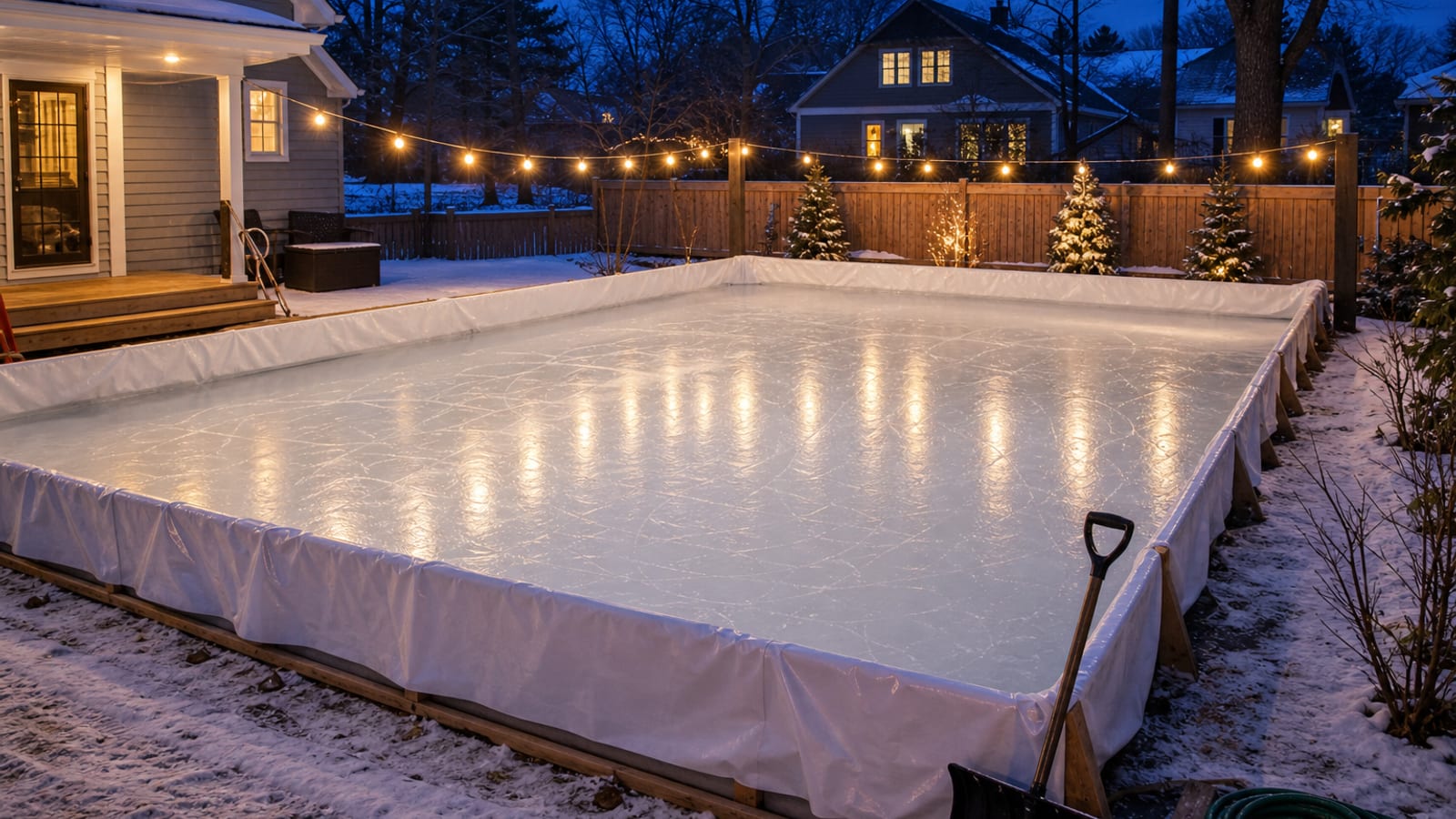 Backyard ice skating rink with white liner and wooden boards in a winter yard