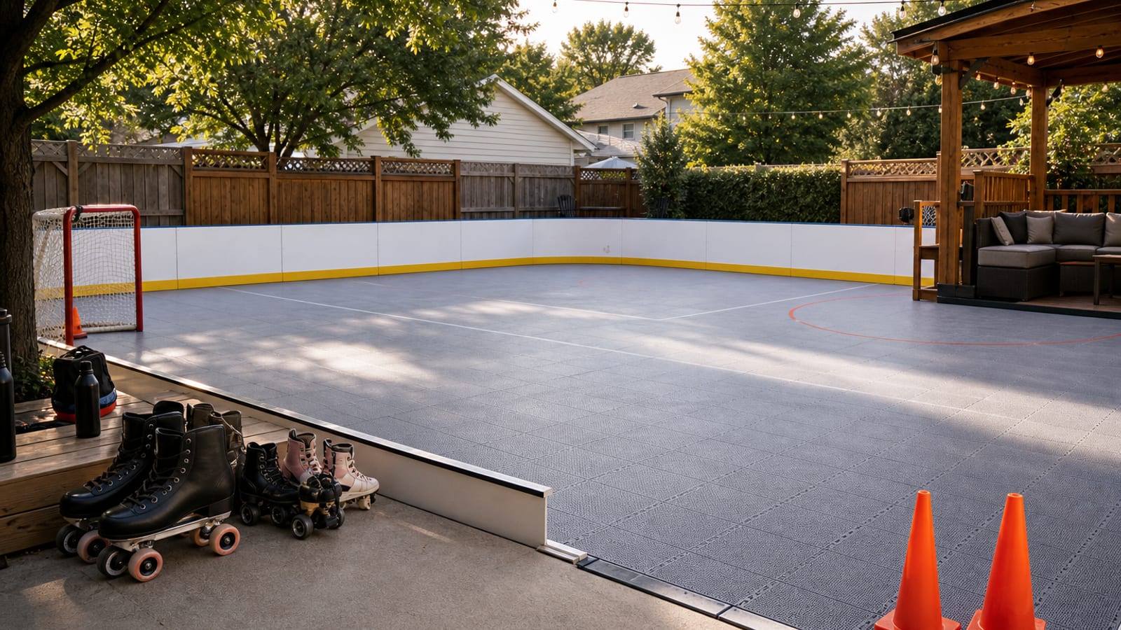 Backyard roller skating court with portable rink tiles, cones, and skates at the edge