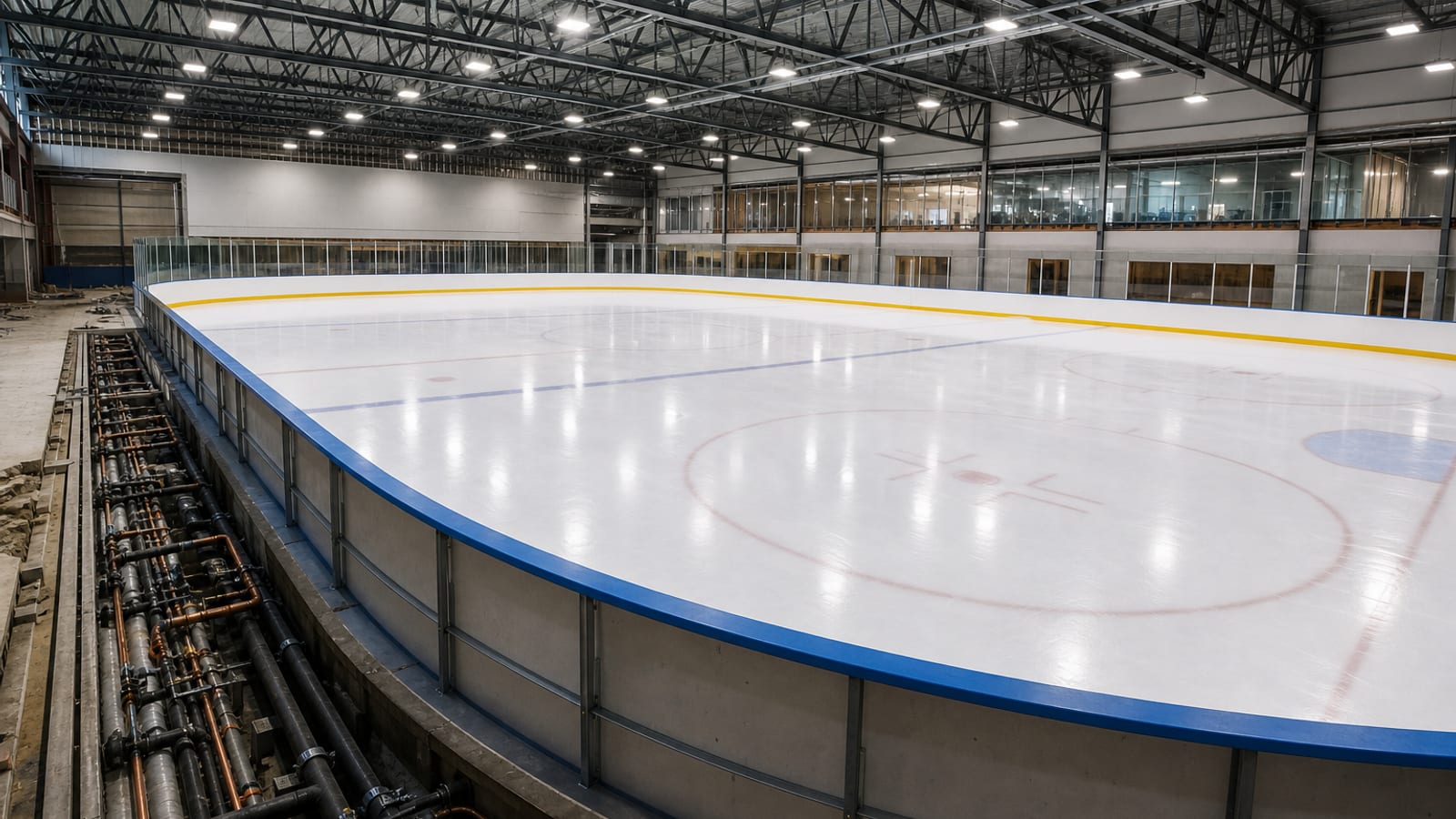 Indoor ice skating rink under construction with boards and arena structure visible