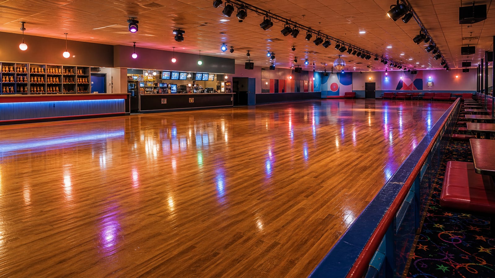 Skating rink interior with the floor, rental counter, and seating