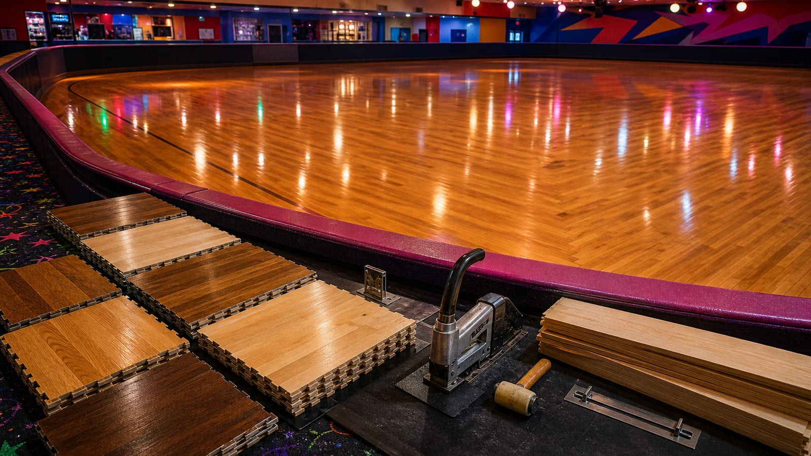 Polished skating rink floor ready for a public skating session