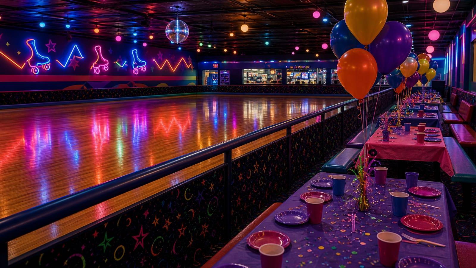 Skating rink set up for a group session with party tables beside the floor