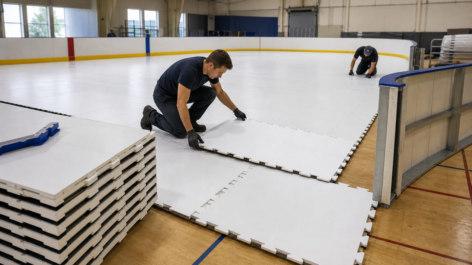 Synthetic ice rink panels being assembled with portable boards nearby